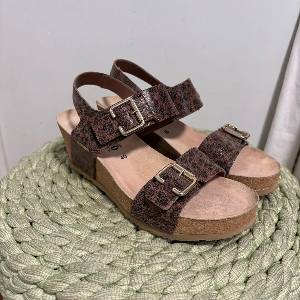 Mephisto Lissandra Brown Leopard Print Leather Slingback Wedge Sandals Size 10